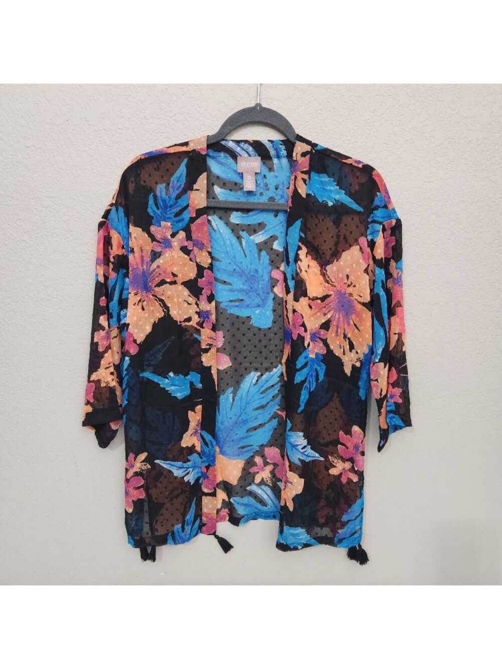 Chicos Sheer Floral Black Kimono Cardigan With Tassel Hem Size 0 Small